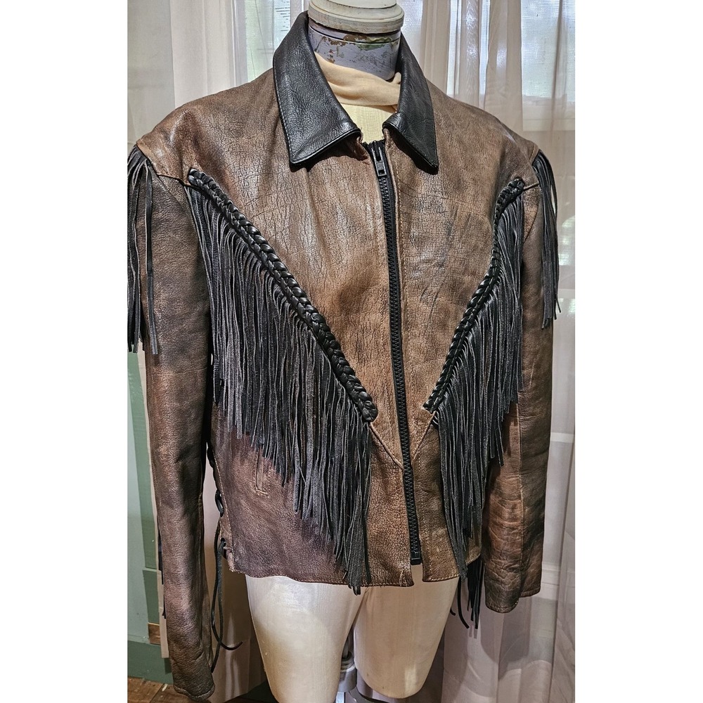 Vintage Western Fringe Real Leather Jacket Brown Distressed Biker Cowgirl M